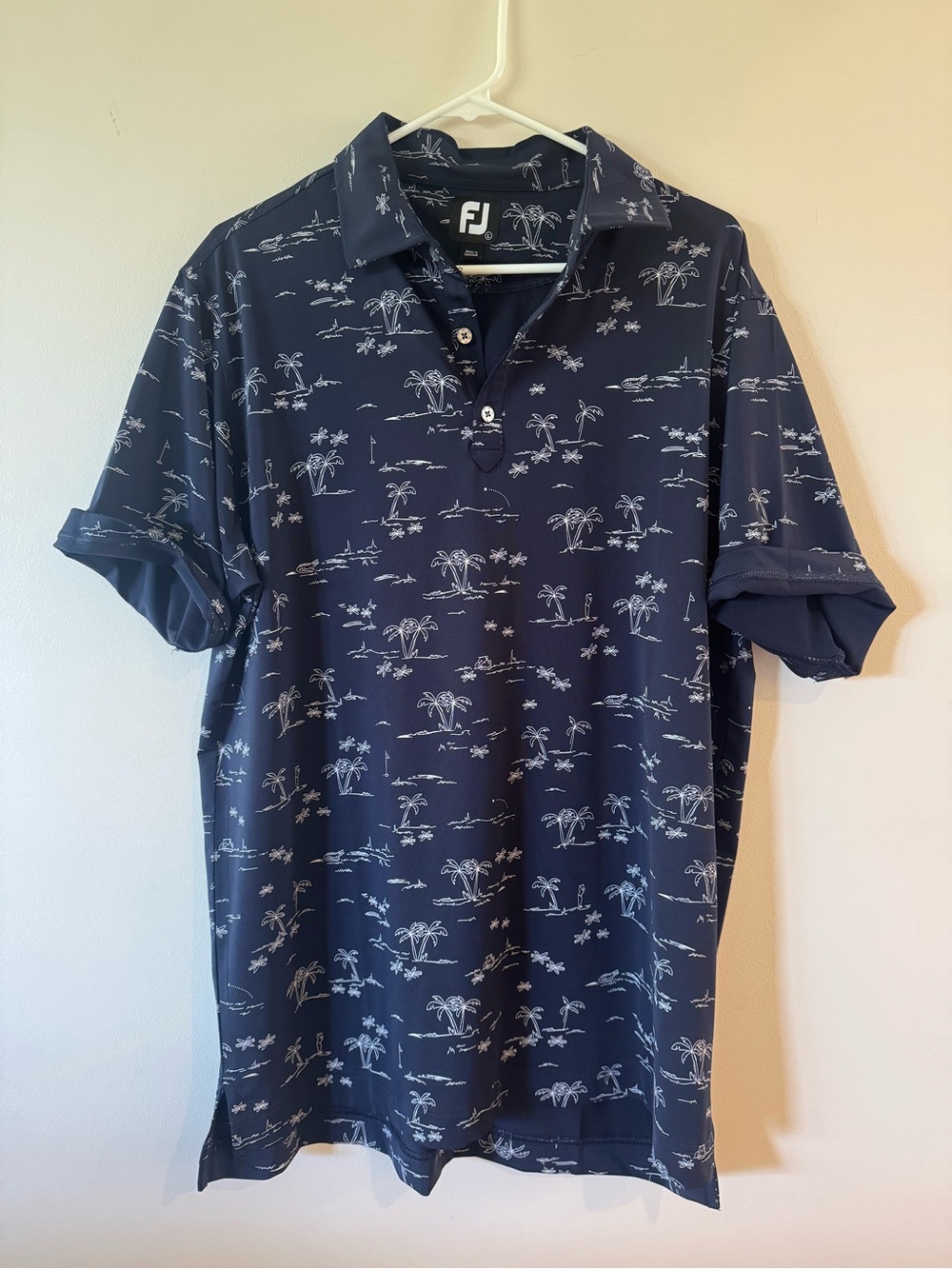 FootJoy FJ Men’s Large Navy Tropical Golf Polo Palm Tree Print - L